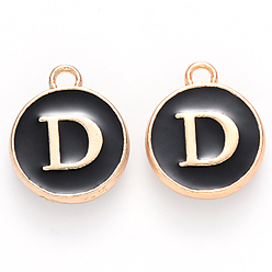 Letter D Golden Plated Alloy Charms, with Enamel, Enamelled Sequins, Flat Round, Black, Letter.D, 14x12x2mm, Hole: 1.5mm, 50pcs/Box