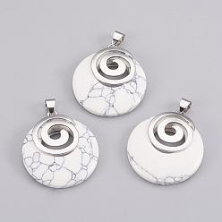 Howlite Synthetic Howlite Pendants, with Platinum Tone Brass Findings, Flat Round, 32x28x6mm, Hole: 4x5mm