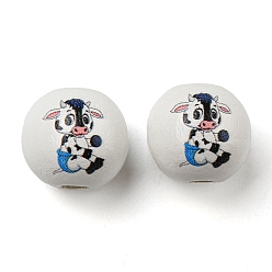 Blanc Perles européennes en bois naturel peintes à la bombe, rond avec motif vache, blanc, 16x15mm, Trou: 4mm