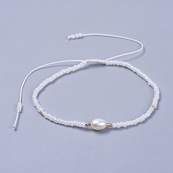 Blanco Pulseras de cuentas trenzadas de hilo de nylon ajustable, con cuentas de semillas de vidrio y grado de perlas naturales de agua dulce, blanco, 2-1/8 pulgada (5.3 cm)