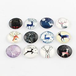 Mixed Color Half Round/Dome Christmas Reindeer/Stag Pattern Glass Flatback Cabochons for DIY Projects, Mixed Color, 12x4mm