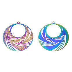 Rainbow Color Ion Plating(IP) 304 Stainless Steel Filigree Pendants, Etched Metal Embellishments, Flat Round, Rainbow Color, 43x40x0.2mm, Hole: 1.8mm