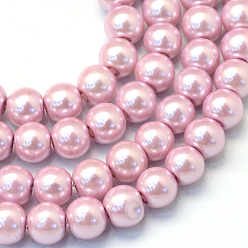 Flamingo Baking Painted Pearlized Glass Pearl Round Bead Strands, Flamingo, 8~9mm, Hole: 1mm, about 105pcs/strand, 31.4 inch