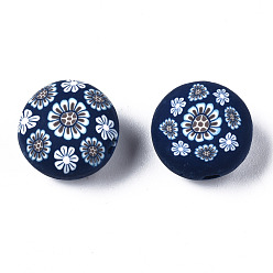 Prussian Blue Handmade Polymer Clay Beads, for DIY Jewelry Crafts Supplies, Flat Round with Flower, Prussian Blue, 12x8.5mm, Hole: 1.6mm
