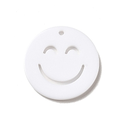 Blanco Colgantes de acrílico opacos, plano y redondo con la cara sonriente, blanco, 19.5x2 mm, agujero: 1.4 mm