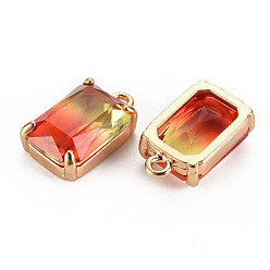Orange Red Gradient Color Glass Pendants, with Brass Prong Settings, Faceted, Rectangle, Light Gold, Orange Red, 17x10x5.5mm, Hole: 1.6mm