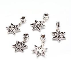 Antique Silver Alloy European Dangle Charms, Star, Antique Silver, 35mm, Hole: 5mm