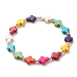 Разноцветный Эластичный браслет из синтетической бирюзы (окрашенный) с крестообразными бусинами, религиозные украшения из драгоценных камней для женщин, красочный, внутренний диаметр: 2-1/4 дюйм (5.6 см)