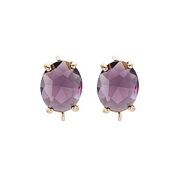 Purple Brass Stud Earring Findings, with Glass, Oval with Loop, Light Gold, Purple, 12~14x8mm, Hole: 1.2mm, Pin: 0.6~0.7mm