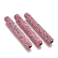 Light Rose Polymer Clay Rhinestone Tube Beads, with Brass Findings, Light Rose, 35~35.5x5~5.5mm, Hole: 2.5mm
