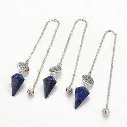 Lapis Lazuli Natural Lapis Lazuli Hexagonal Pointed Dowsing Pendulums, with Platinum Plated Brass Findings, Life of Flower & Cone, 240x2x0.1mm