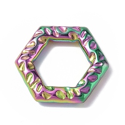 Rainbow Color Ion Plating(IP) 304 Stainless Steel Linking Rings, Textured, Hexagon, Rainbow Color, 20x22.5x3.5mm, Inner Diameter: 12x13.5mm