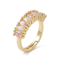 Lavender Blush Rack Plating Brass Cubic Zirconia Cuff Rings for Women, Oval Long-Lasting Plated Open Ring, Lead Free & Cadmium Free, Real 18K Gold Plated, Lavender Blush, 2.5~5.8mm, Inner Diameter: US Size 6 1/4(16.8mm)