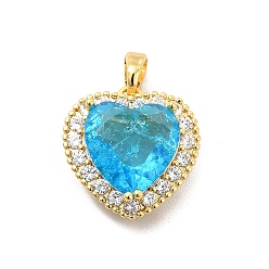 Deep Sky Blue Brass Micro Pave Clear Cubic Zirconia Pendants, with Faceted Glass, Heart Charm, Real 18K Gold Plated, Deep Sky Blue, 18.5x17x9.5mm, Hole: 5x3mm