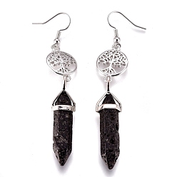 Lava Rock Pointed Bullet Natural Lava Rock Dangle Earrings, with Brass Earring Hooks and Flat Round with Tree of Life Links, Platinum, 76mm, Pin: 0.7mm
