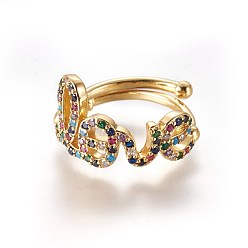Oro Anillos de latón de zirconia cúbicos micro pave ajustables, anillo de promesa, la palabra amor, dorado, tamaño: 7, 17 mm