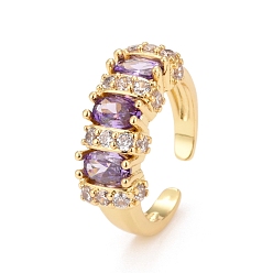 Real 18K Gold Plated Bling Violet Cubic Zirconia Cuff Rings, Brass Open Rings for Women , Real 18K Gold Plated, US Size 6 1/4(16.7mm)
