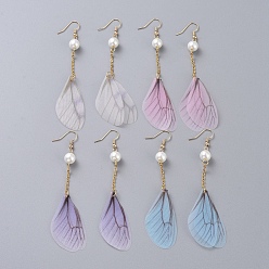 Mixed Color Glass Pearl Dangle Earrings, with Organza Fabric, 304 Stainless Steel Cable Chains and Brass Earring Hooks, Dragonfly Wing, Mixed Color, 97mm, Pin: 0.6mm