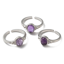 Amethyst Natural Amethyst Oval Open Cuff Rings, Platinum Brass Finger Ring, Cadmium Free & Lead Free, US Size 7(17.3mm)