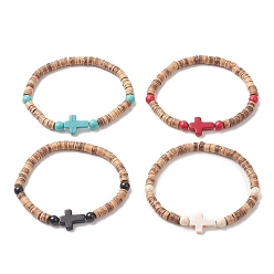 Mixed Color Coconut & Cross Dyed Synthetic Turquoise Beaded Stretch Bracelet for Men Women, Mixed Color, 1/4 inch(0.5~0.6cm), Inner Diameter: 1-7/8 inch(4.8cm)