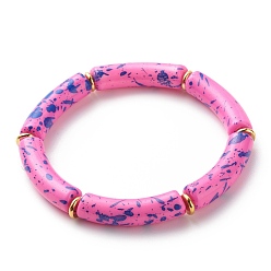 Deep Pink Acrylic Curved Tube Beaded Stretch Bracelet, Chunky Bamboo Friendship Braceelet for Women, Deep Pink, Inner Diameter: 2-1/8 inch(5.3cm)