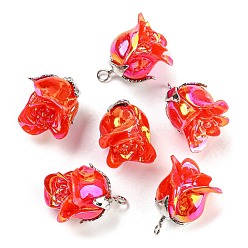 Red Opaque Resin Pendants, AB Color, Flower Charms with Platinum Plated Alloy Leaf, Red, 22.5x18x17mm, Hole: 2.3mm