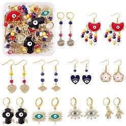 Golden DIY Evil Eye Earring Making Kits, Including Hand & Rhombus & Heart & Cross & Heart Alloy Pendants, Glass Beads, Iron Earring Hook, Brass Hoop Earring Findings, Golden, 170Pcs/box