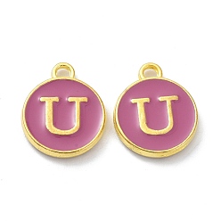Letter U Golden Plated Alloy Enamel Charms, Cadmium Free & Lead Free, Enamelled Sequins, Flamingo, Flat Round with Letter, Letter.U, 14x12x2mm, Hole: 1.4mm