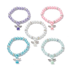 Mixed Color Glass Imitation Pearl Beaded Bracelets, Alloy Angel Pendant Bracelets for Women, Mixed Color, Inner Diameter: 1-7/8 inch(4.9cm)