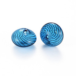 Dodger Blue Transparent Handmade Blown Glass Globe Beads, Stripe Pattern, Flat Round, Dodger Blue, 15.5~17.5x10~12mm, Hole: 1~2mm