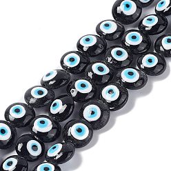 Black Handmade Evil Eye Lampwork Beads Strands, Flat Round, Black, 14~15.5x8mm, Hole: 1~1.4mm, about 14pcs/strand, 12.60 inch(32cm)