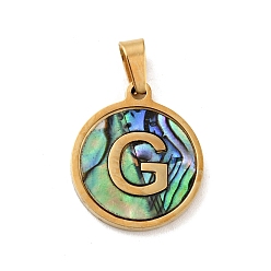 Letter G Vacuum Plating 304 Stainless Steel with Paua Shell Pendants, Golden, Flat Round with Letter Charm, Letter.G, 18x16x1.5mm, Hole: 3x6mm