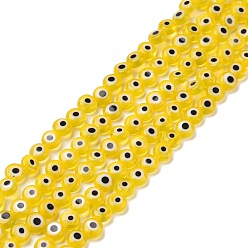 Jaune Perles lampwork, perles au chalumeau, faits à la main, rond et plat avec des mauvais œil, jaune, 4.5x2.5mm, Trou: 0.6mm, Environ 90~100 pcs/chapelet, 15.35''~15.75'' (39~40 cm)