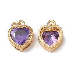 Blue Violet Rack Plating Brass with Cubic Zirconia Charms, Heart, Cadmium Free & Lead Free, Long-Lasting Plated, with Jump Ring, Real 18K Gold Plated, Blue Violet, 13x10x5mm, Hole: 0.9mm