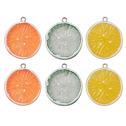 Couleur Mélangete 6 pcs 3 couleurs pendentifs de fruits ronds plats en résine, breloques oranges, avec boucles en fer couleur platine, couleur mixte, 30x26.5x5.5mm, Trou: 2mm, 2 pcs / couleur