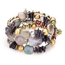 Gris Foncé Bracelet style wrap à trois boucles en perles d'alliage et de résine, bracelet style bohème pour femme, gris foncé, 7-1/8 pouce (18 cm)