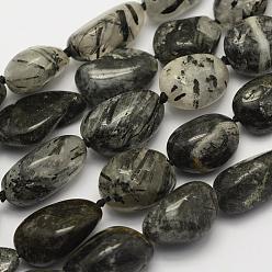 Quartz Rutilated Quartz naturel tourmaliné / perles de quartz rutile noires, ovale, 12~23x8~12mm, Trou: 1mm, Environ 26 pcs/chapelet, 16.1 pouce