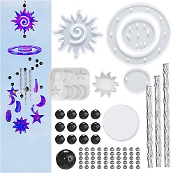 White DIY Sun & Moon & Star Wind Chime Making Kits, including 5Pcs Silicone Molds, 13Pcs Plastic Beads, 1Pc Stainless Steel S Hooks, 1 Roll Crystal Thread, 3Pcs Round Tubes, White