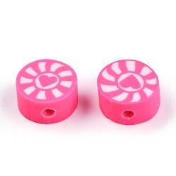 Hot Pink Handmade Polymer Clay Beads, Flat Round with Heart & Sun, Hot Pink, 9~10x5mm, Hole: 1.6mm
