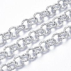 Silver Aluminium Rolo Chains, Textured, with Spool, Unwelded, Silver Color Plated, 11.5x2mm, about 10m/roll