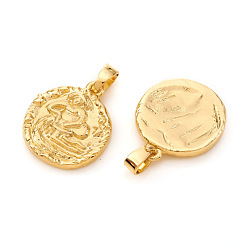 Aquarius Brass Pendants, Textured, Flat Round with Constellation/Zodiac Sign, Real 18K Gold Plated, Aquarius, 16.5x14x2mm, Hole: 5x2.5mm