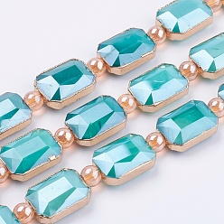 Turquoise Foncé Perles verre opaque brins, avec les accessoires en laiton, perle plaquée lustre, facette, rectangle, turquoise foncé, 13x18x7mm, Trou: 1mm, Environ 10 pcs/chapelet, 9 pouce (23 cm)