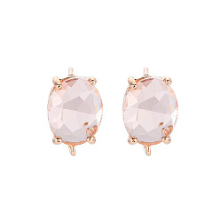 Pink Brass Stud Earring Findings, with Glass, Oval with Loop, Light Gold, Pink, 12~14x8mm, Hole: 1.2mm, Pin: 0.6~0.7mm