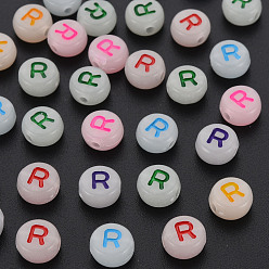 Letter R Acrylic Beads, Glow in the Dark, with Enamel and Luminous, Horizontal Hole, Flat Round with Alphabet, Letter.R, 6.5x7x4mm, Hole: 1.6mm, about 3600pcs/500g