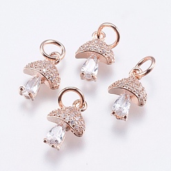 Real Rose Gold Plated Brass Micro Pave Cubic Zirconia Charms, Cadmium Free & Lead Free, Mushroom, Real Rose Gold Plated, 11x7.5x4mm, Hole: 3mm