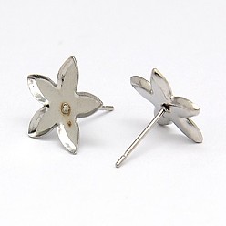 Stainless Steel Color 304 Stainless Steel Stud Earring Findings, Earring Posts, Flower, 13x13x1mm, Pin: 0.6mm