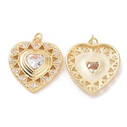 Real 18K Gold Plated Brass Micro Pave Cubic Zirconia Pendants, Hollow Heart Charm, Real 18K Gold Plated, 28.5x25x5mm, Hole: 3mm