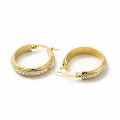 Oro Aretes de aro con diamantes de imitación de cristal, 304 joyas de acero inoxidable para mujer, dorado, 25x27x3 mm, pin: 0.6x1 mm