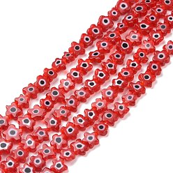 Rouge Main millefiori perles de verre brins, fleur, rouge, 5.5~8x2.5mm, Trou: 1mm, Environ 64~67 pcs/chapelet, 15.75 pouces ~ 16.34 pouces (40~41.5 cm)