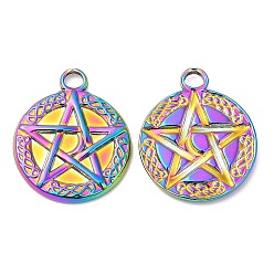 Rainbow Color 304 Stainless Steel Pendants, Flat Round with Star Charm, Rainbow Color, 20x17x2mm, Hole: 3mm